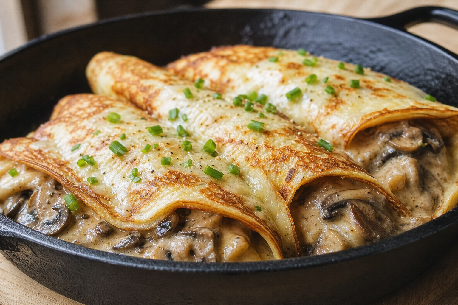 Crêpes med svampstuvning