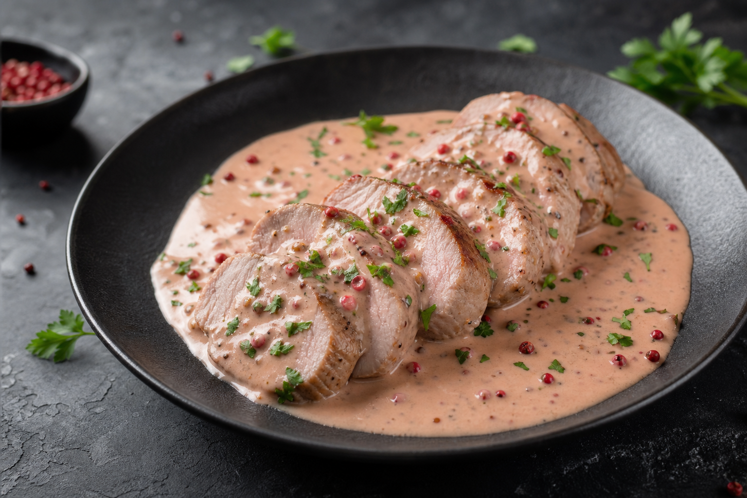 Fläskfilé i rosépepparsås