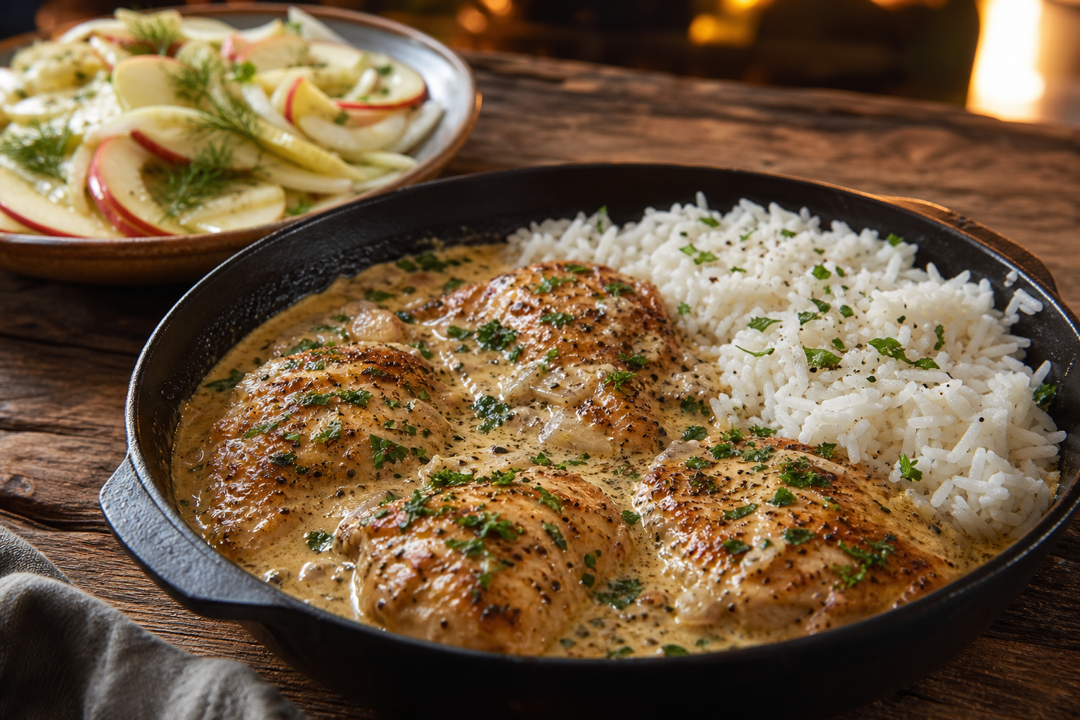 Persiljestekt kyckling med currysås och äpple- och fänkålssallad