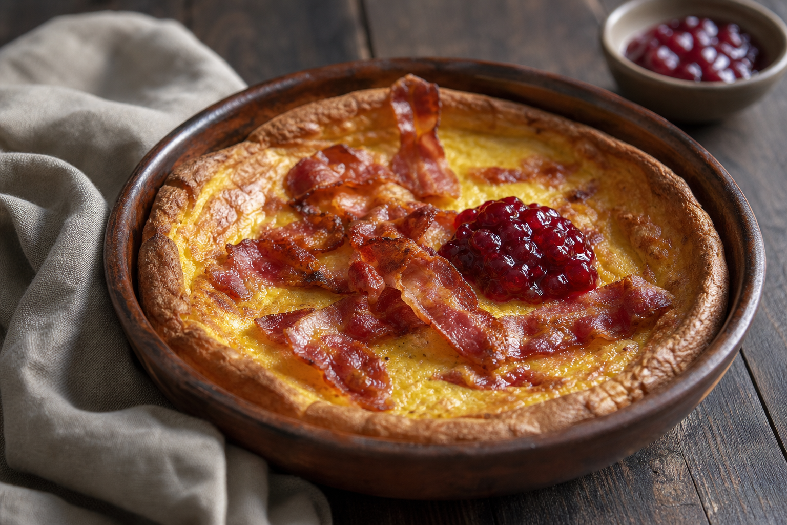 Skånsk äggakaka med lingon och bacon