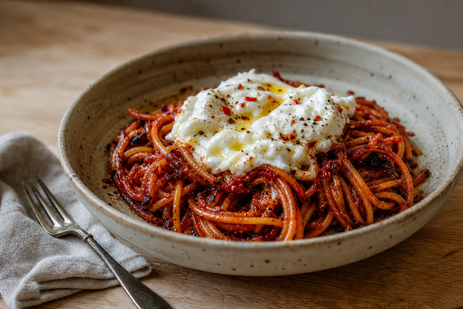 Spagetti all’assassina med burrata