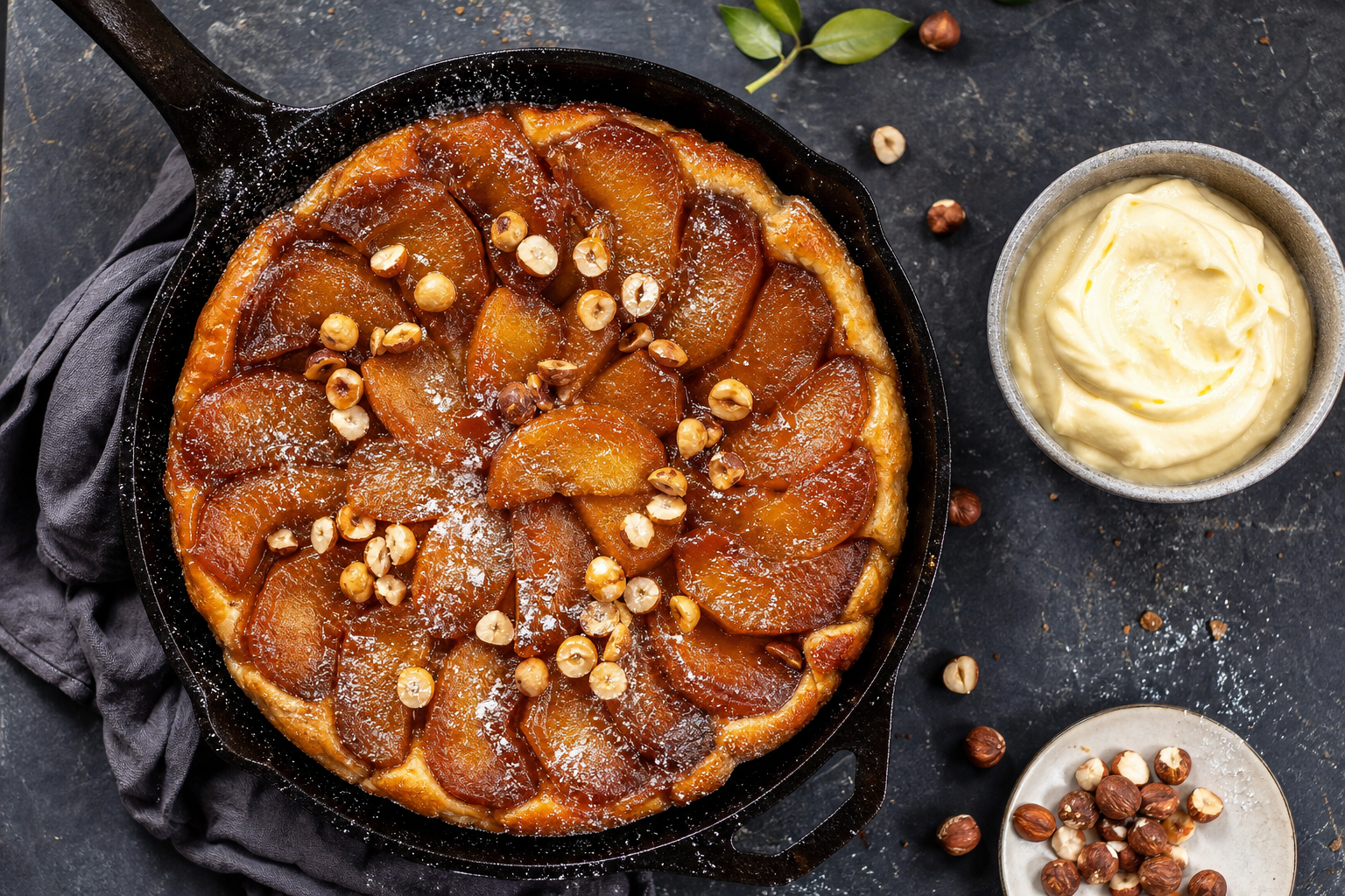 Tarte tatin med hasselnötter och citrongrädde